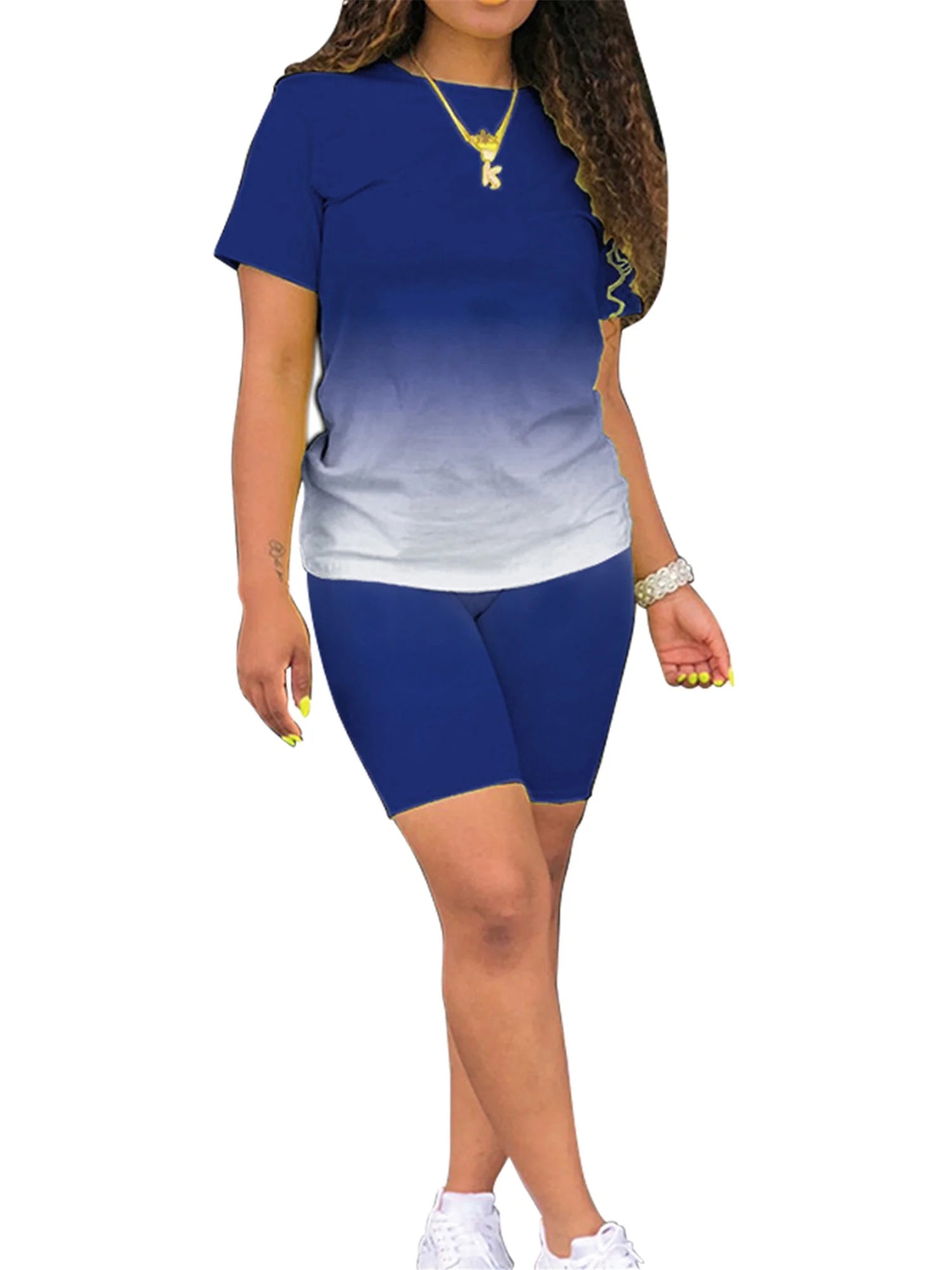 Summer 2Pcs Outfits for Women Short Sleeve T-Shirts Bodycon Pants Shorts Set Gradient Color Tracksuit Sportwear