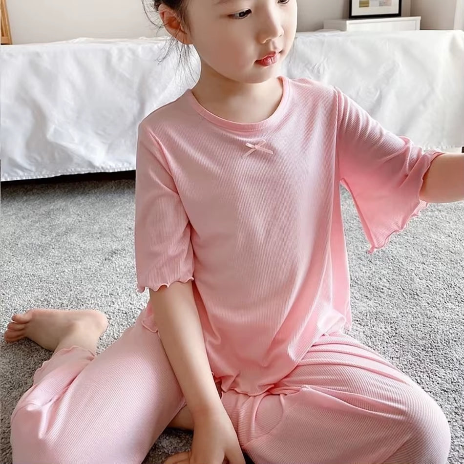 Girls Ice Silk Set Thin Children Modal Home Clothes Summer Children Air Conditioning Clothes Short Sleeve Children Sets New