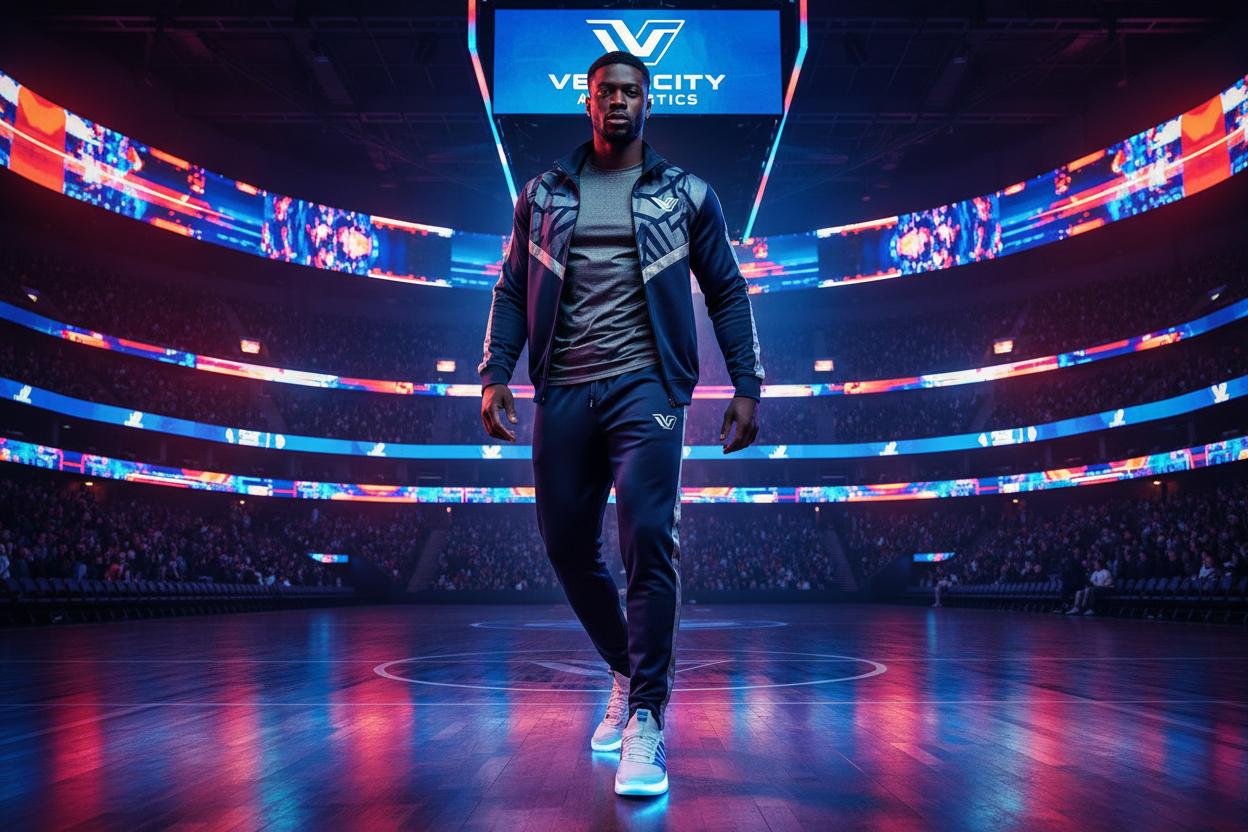 A stylish Black man in his late 20s, athletic and muscular build, wearing high-end fashion sportswear (modern tracksuit, performance sneakers, fitted top).
He is standing in a professional basketball stadium, dynamic pose, confident and powerful attitude.
Vibrant colorful atmosphere with neon lights (blue, red, purple, orange), LED screens glowing in the background, energetic crowd blur.
Cinematic advertising style, high-contrast lighting, dramatic shadows, glossy textures.
Premium sports fashion commercial