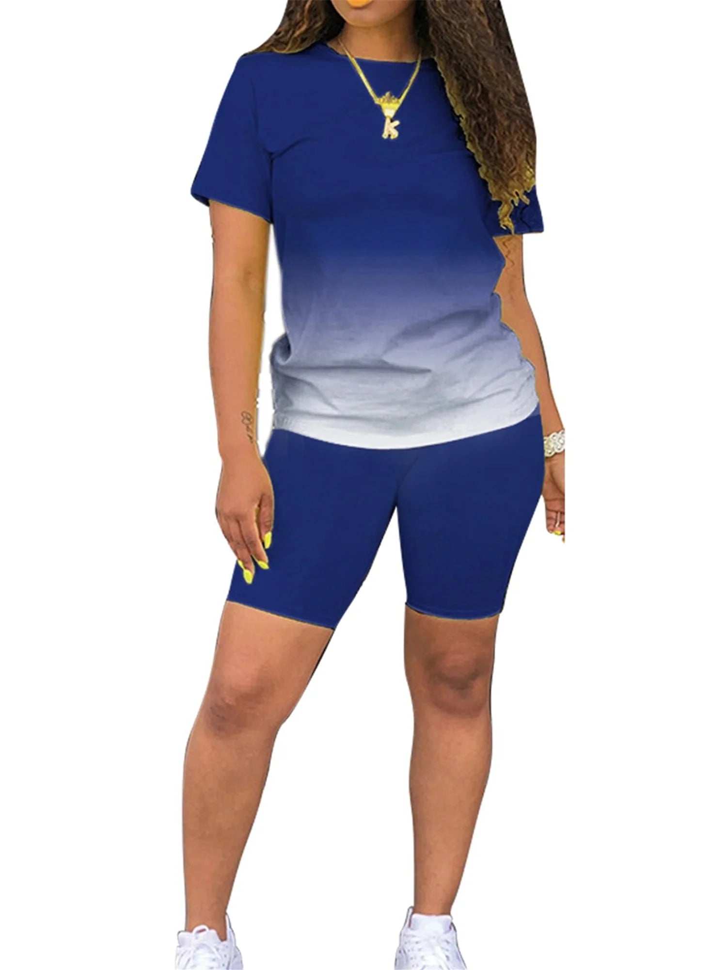 Summer 2Pcs Outfits for Women Short Sleeve T-Shirts Bodycon Pants Shorts Set Gradient Color Tracksuit Sportwear