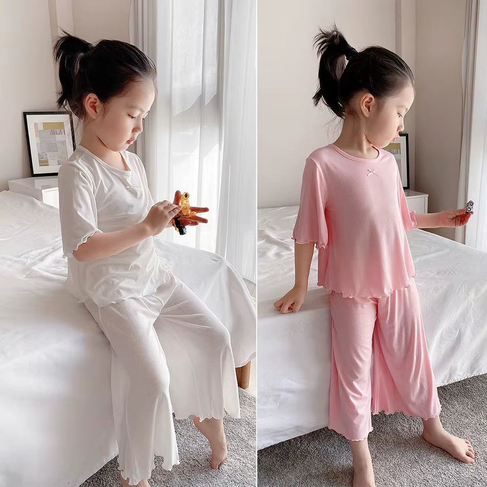 Girls Ice Silk Set Thin Children Modal Home Clothes Summer Children Air Conditioning Clothes Short Sleeve Children Sets New